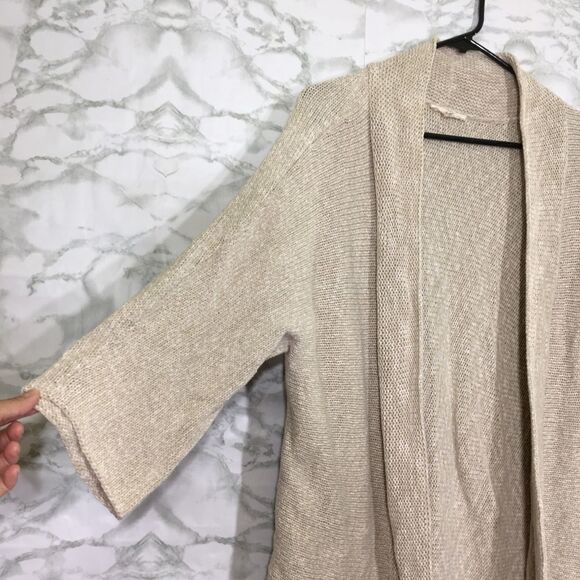 EILEEN FISHER KNIT OPEN FRONT 3/4‎ SLEEVE CARDIGAN 100% COTTON TAN XL MINIMALIST - Picture 2 of 8
